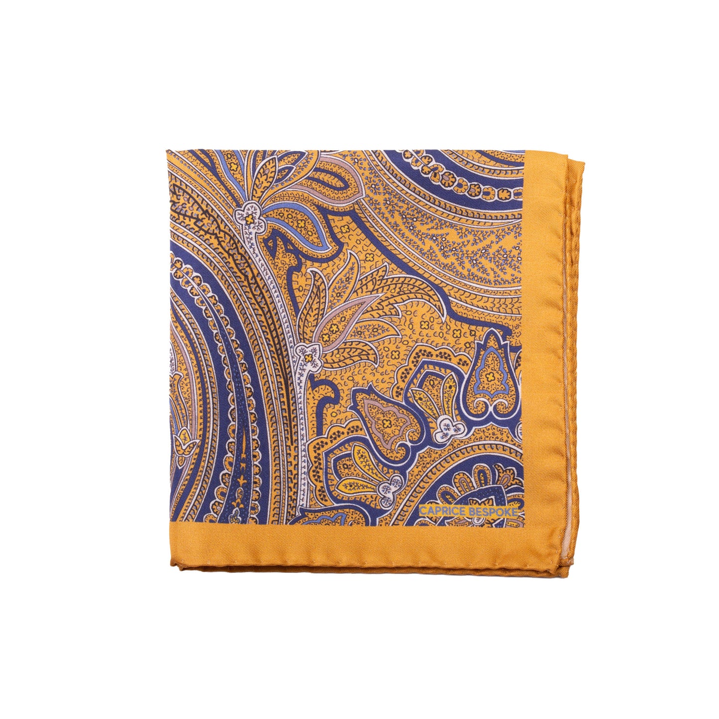 Gold Pocket Square with Blue, White and Light Blue Details