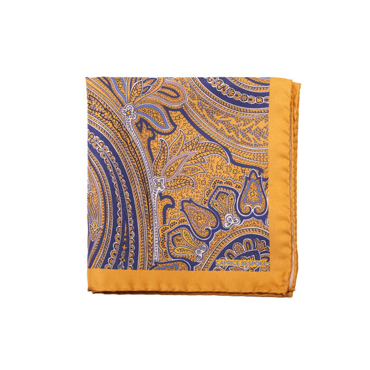 Gold Pocket Square with Blue, White and Light Blue Details
