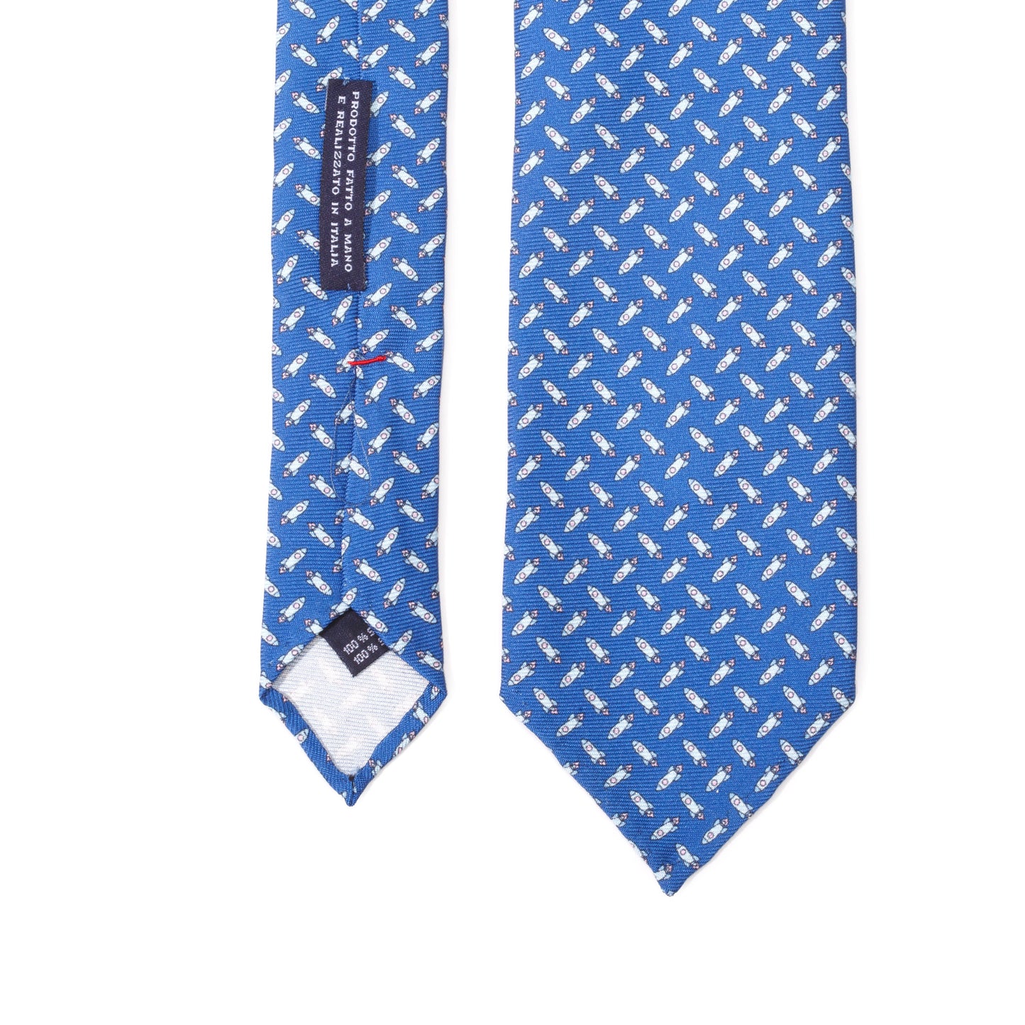 Cravatta in seta blu cobalto con astronave