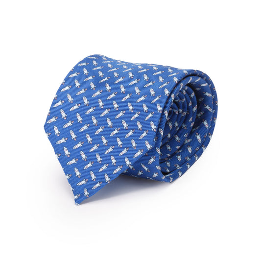 Cravatta in seta blu cobalto con astronave
