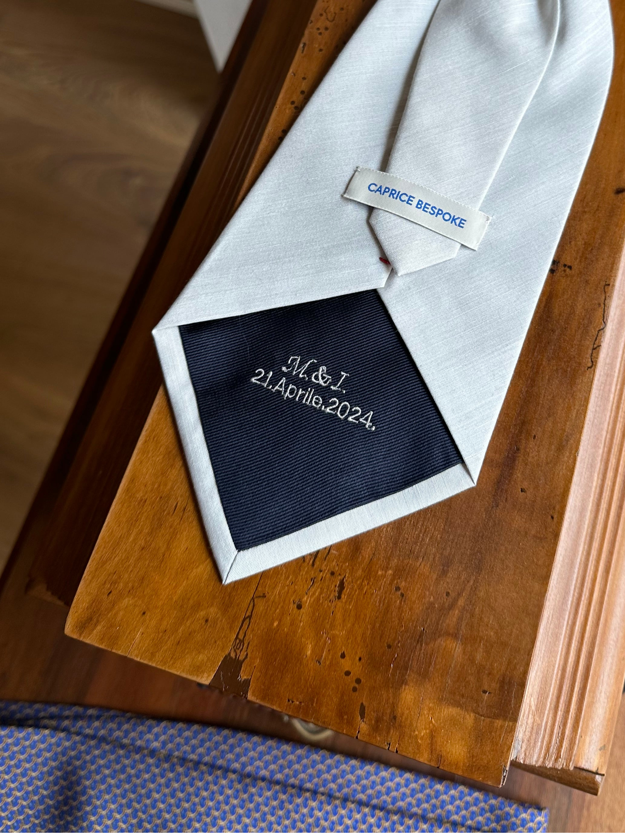 como-silk-plastron-with-embroidered-wedding-date-and-initials-by-caprice-bespoke